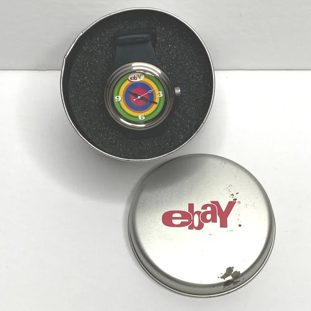 eBayana Bulls Eye Watch Official eBay Logo Meg 2003 Silver Tin